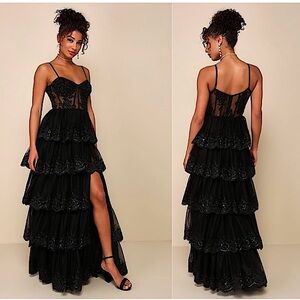 Lulus Alluring Sensation Black Tulle Embroidered Tiered Maxi Dress, Size XS, NWT